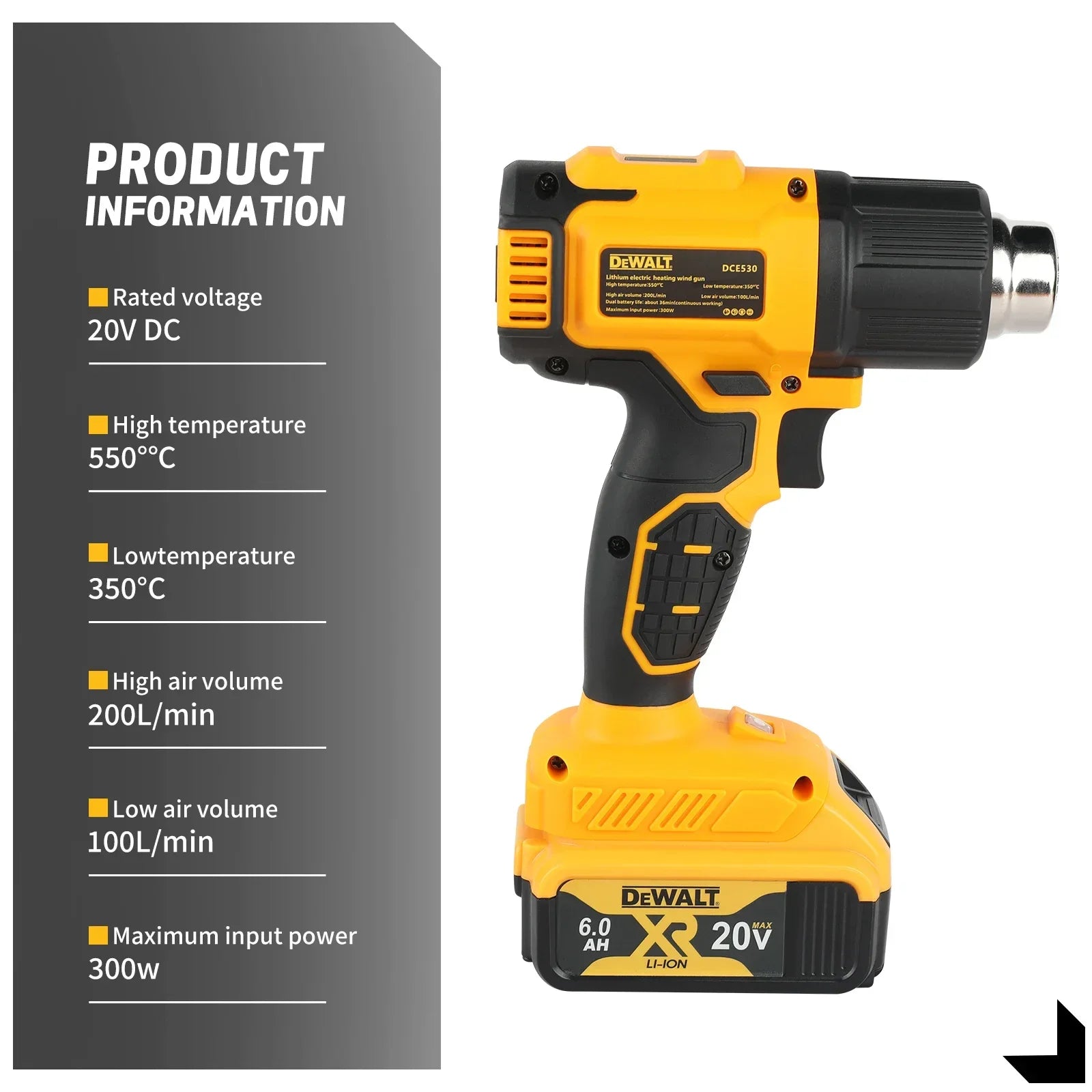 Dewalt DCE530 Cordless Heat Gun:20V,5 - in - 1 Nozzles,2 Speed Modes,Precise Temp Control,For Paint Stripping&Plastic Welding