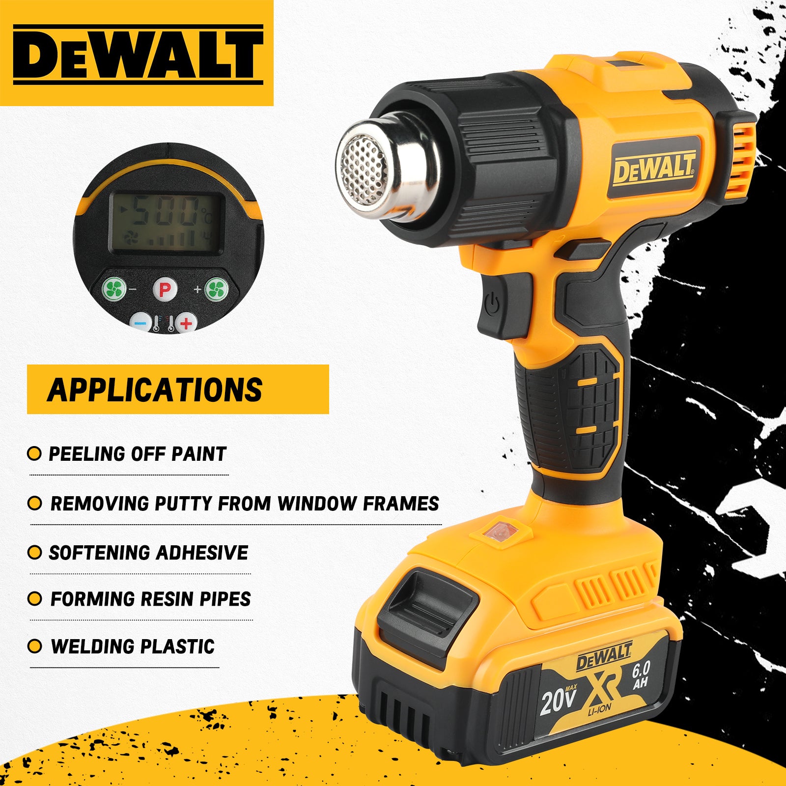 Dewalt DCE530 Cordless Heat Gun:20V,5 - in - 1 Nozzles,2 Speed Modes,Precise Temp Control,For Paint Stripping&Plastic Welding
