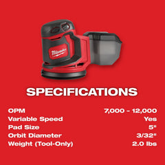 Milwaukee M18 Cordless 5-in. Random Orbit Sander, Tool Only