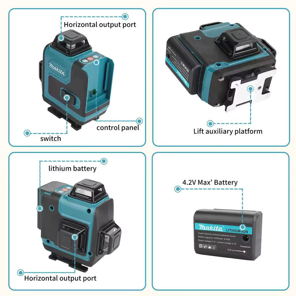 Makita 4x360°Laser Level Green Beam5000mAh 8H RuntimeSelf-Leveling LaserTool with Manual Mode for Construction Renovation Layout